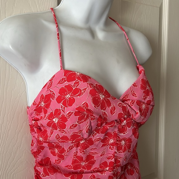 Zara Womens Pink Red Floral Ruched Bodycon Mini Dress Sz Med Summer 💕 - Picture 8 of 14